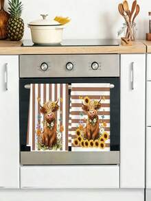 2pcs American Farm Style Highland Cow Print Towels, Brown & White Striped Sunflower Decor Kitchen Hand Towels, Soft & Absorbent Microfiber Towel Set, Suitable For Kitchen Decor, Dining Table Decor, Bathroom Decor, Warm Gift For Friends And Family - Multicolor - View 6