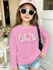 Girls' Cotton Raglan Long-Sleeve T-Shirt, Long Sleeves For Autumn & Winter, Pink Bow & 'GOD Is Good' Print, Cute Sweet Girly Preppy Style - Light Wine Red - View 1