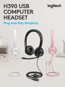Logitech H390 Over-Ear Headphones, USB Noise-Canceling Calling, Rotating Omnidirectional Microphone, In-Line Volume Control, Comfortable Headband And Earpads, Professional Headphones For Online Classes And Call Centers, Pink - Pink - View 1