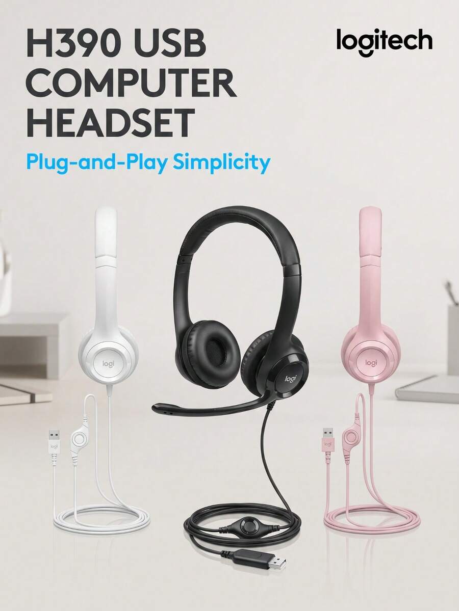 Logitech H390 Over-Ear Headphones, USB Noise-Canceling Calling, Rotating Omnidirectional Microphone, In-Line Volume Control, Comfortable Headband And Earpads, Professional Headphones For Online Classes And Call Centers, Pink - Pink - View 1