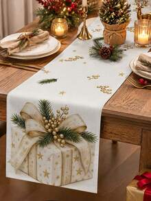 Christmas Table Runner, Throw Pillow, Placemat, Vintage Gold Star Gift Box Bow Pine Branch Berry Print, Kitchen Dining Room Holiday Tabletop Decor - Multicolor - View 2