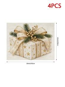 Christmas Table Runner, Throw Pillow, Placemat, Vintage Gold Star Gift Box Bow Pine Branch Berry Print, Kitchen Dining Room Holiday Tabletop Decor - Multicolor - View 16