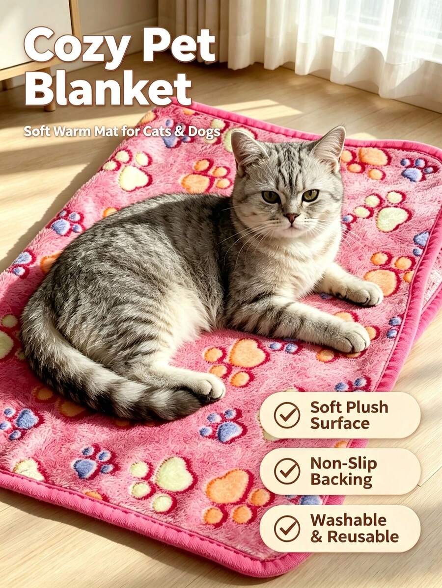 Soft Pet Blanket, Cute Paw Print Pattern Warm Sleeping Pad, Anti Slip And Washable, A Reusable Cat And Dog Mattress - XL(104cm*76cm) - View 1