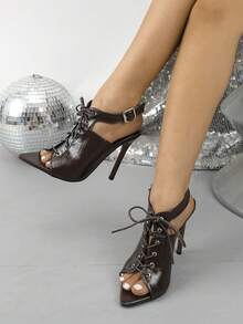 Women's Brown PU Lace-Up Pointed Toe Open Toe Sandals, Adjustable Buckle Ankle Strap Back Strap Stiletto High Heels, Nightclub Evening Dress High Heels - Brown - View 5