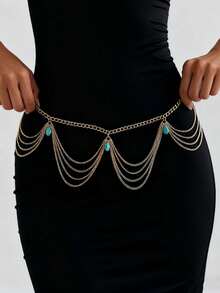 1pc Bohemian Style Faux Turquoise Teardrop Pendant Waist Chain, Gold Multi-Layer Tassel Body Chain, Suitable For Daily Wear, Party, Vacation Beach Outfit Accessory - Gold - View 4