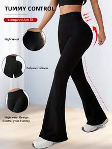 1pc Women's Solid Color Flare Pants, High Elasticity Comfortable Fabric, Anti-Wrinkle, Elastic Slim Fit Sports Style - Black - View 2