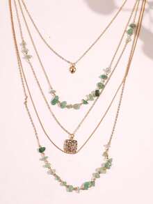 1pc Light Green Asymmetrical Multi-Layer Long Necklace With Gold Square Pendant, Cool Atmosphere Women's Accessory, Suitable For Vacation, Commuting, Daily Minimalist Outfit - Multicolor - View 6