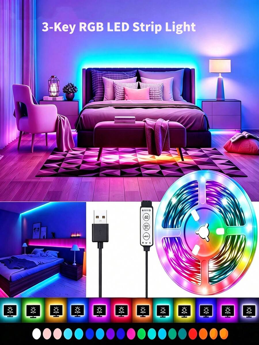 5m/4m/3m/2m/1m RGB LED Strip Lights USB LED 3-Key Control Colorful Lighting For Room Wall, TV Backlight Home Decor