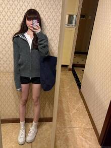 Women's Gray Double Zipper Cardigan Patchwork Plaid Hooded Sweater Jacket, Loose Lazy Design Top For Spring And Autumn - Grey - View 5