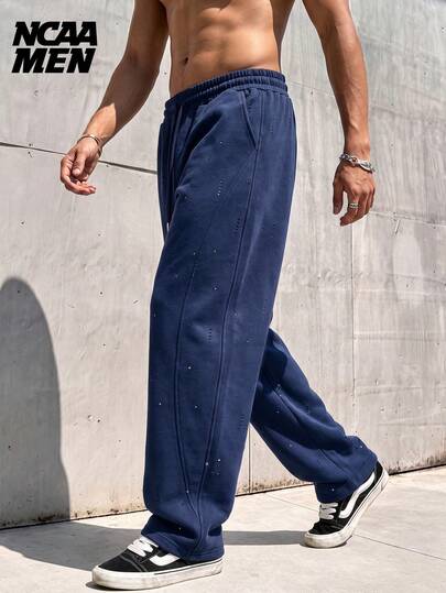 Celana Jogging Pria Model Longgar Kasual dengan Desain Rusak, Potongan Kaki Melengkung dan Lebar, Cocok untuk Musim Semi/Gugur