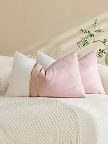 1/2pcs Velvet & Faux Leather Striped Swan Patterned Throw Pillow Covers, Square Cushion Covers, Holiday Home Decor Pillows, Soft & Comfortable Fabric, Modern Decor For Sofa, Bedroom, Dorm - Pink - View 2