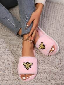 女款秋冬卡通蜜蜂刺繡毛絨露趾拖鞋，舒適軟底輕量室內居家鞋，四季皆宜 - 粉色 - 查看 6