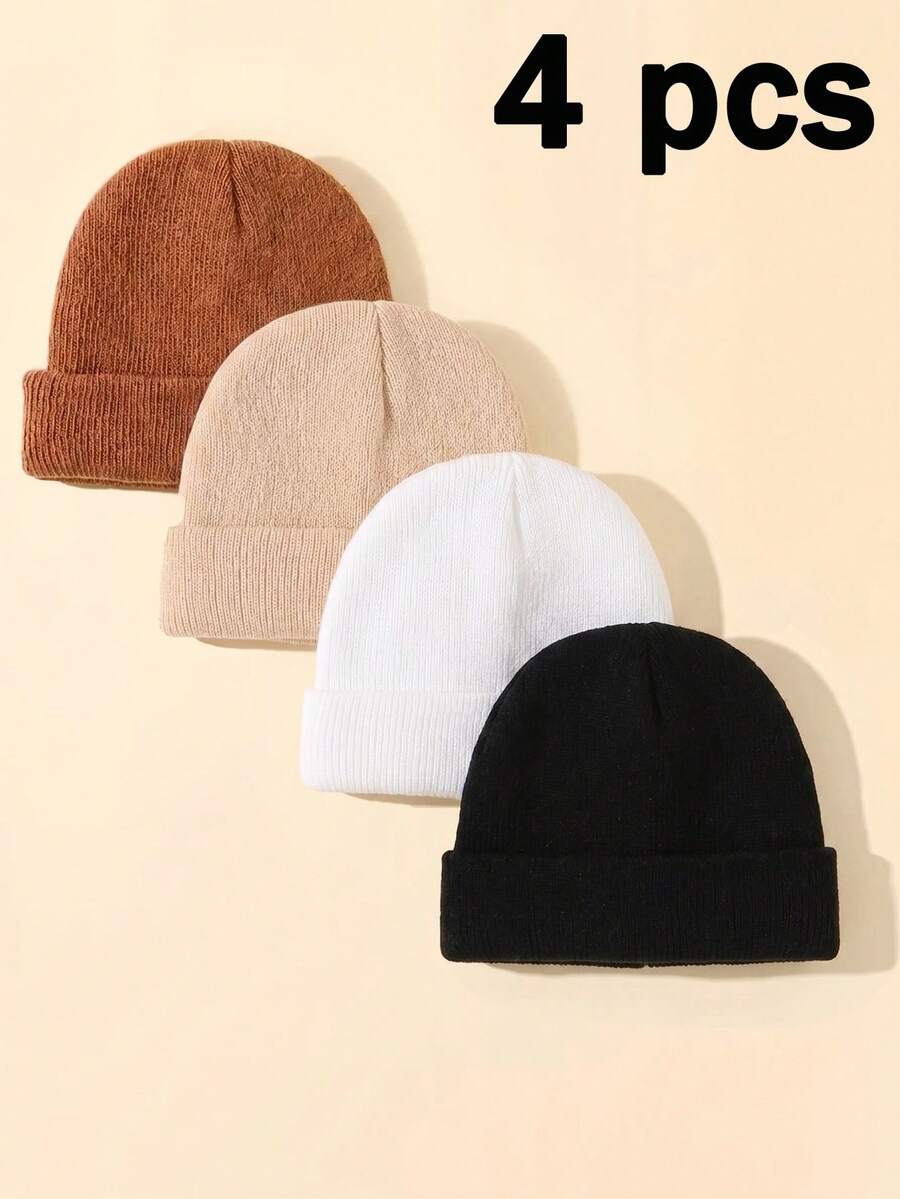 4pcs Baby Solid Color Minimalist Beanie, Soft Comfortable Warm Knitted Hat, Woolen Cap, Gift For Autumn/Winter - Multicolor - View 1