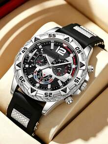 5pcs Set New Men's Large Dial Quartz Watch And Hip Hop Cuban Rhinestone Cross Pendant Accessory Set, Suitable For Daily Wear, Sports, Holidays, Campus Gift - Multicolor - View 3