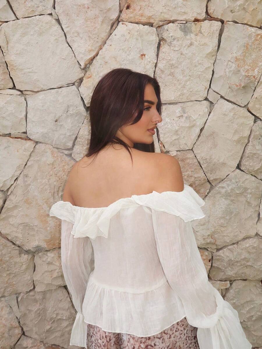 Ambs Edit Solid-Colored, Off-Shoulder Blouse With Ruffles And Long Sleeves, Featuring An Asymmetrical Tie Hem, Suitable For Women In Autumn/Winter, Sp - 黑色 - 查看 1