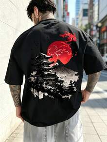 Vintage-T-Shirt mit japanischem Berg-Pagoden- und Kirschblüten-Print, lockere Passform, Oberteil aus 100 % Baumwolle. - Schwarz - Übersicht 1