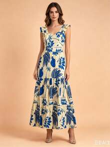 Long Dress PRINTED With Lining In CREPE Fabric, Beautiful And Fashionable - Dusty Blue - View 1
