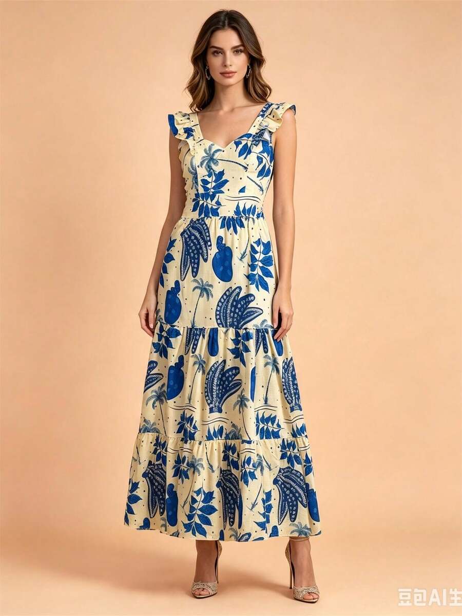 Long Dress PRINTED With Lining In CREPE Fabric, Beautiful And Fashionable - Dusty Blue - View 1