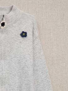 Spring New Women's Korean Style Minimalist Stand Collar Zipper Cardigan Sweater With Daisy Embroidery, Versatile - Grey - View 7