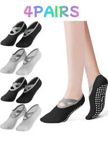 1/3/4 Pairs Women's Non-Slip Yoga Socks, Pilates Grip Socks With Cross Strap Design For Breathable Fit And Flexible Support, Suitable For Yoga, Pilates, Ballet, Dance, Studio Workout Grip - Multicolor - View 16