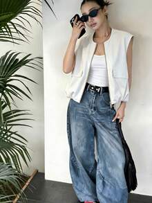 Women's Ultra-Short Sleeveless Vest Tank Top, Fresh Solid Color Bubble Hem, Zipper Round Neck, Fashionable Versatile Style For Summer And Autumn White - White - View 2