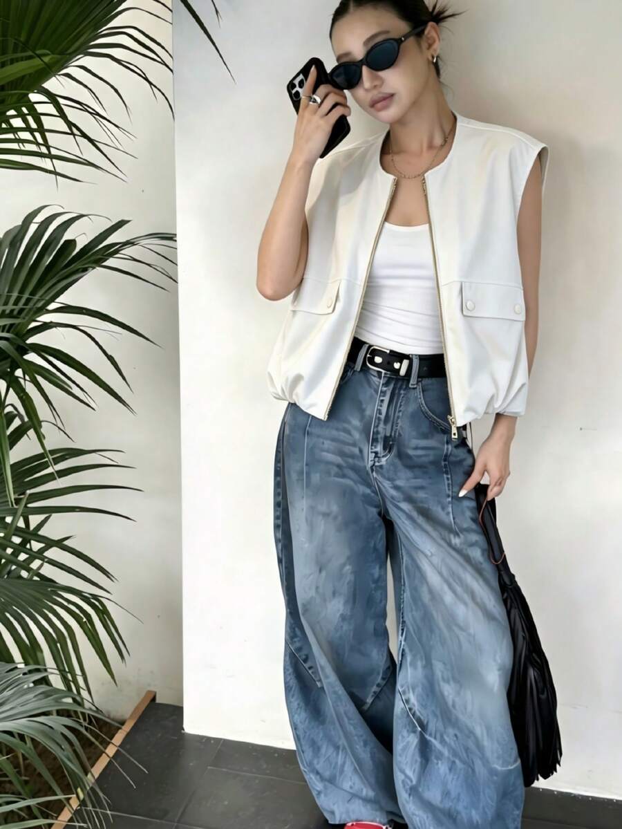 Women's Ultra-Short Sleeveless Vest Tank Top, Fresh Solid Color Bubble Hem, Zipper Round Neck, Fashionable Versatile Style For Summer And Autumn White