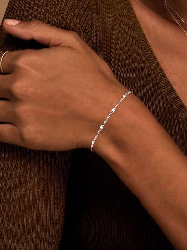 1 Stück S925 Sterling Silber minimalistisches Armband im frischen Stil mit runden Perlen und Pailletten, vielseitig für den täglichen Gebrauch, ideales Geschenk für Freundin, Mutter und Schwester