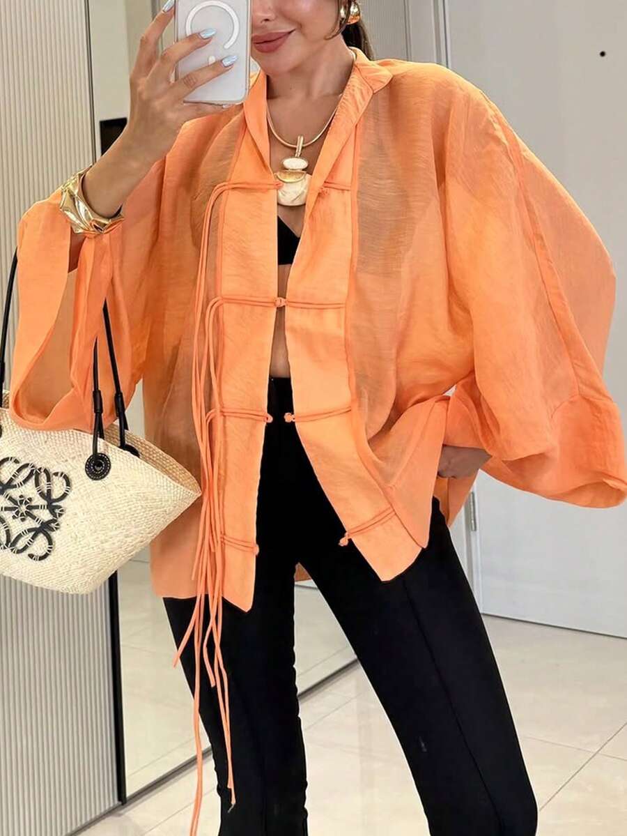 New Fashion Elegant Solid Color Women's Vintage Shirt, Home Wear, All Season Top - Orange - View 1