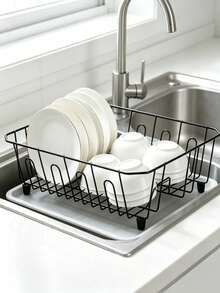 Kitchen Sink Countertop Dish Drying Rack, Dish Drain Basket, Dish Organizer With Utensil Basket, Stable Anti‑Slip Support Structure, Large‑Capacity Kitchen Tableware Storage Rack, Bowl & Plate Holder For Kitchen Counter - Black - View 2