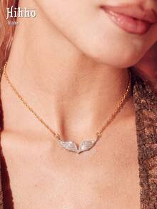 Hihho 1pc Elegant Gentle Angel Wing Rhinestone Necklace, Multiple Styles Available, Mature Style Wing Pendant, Versatile Jewelry For Party And Commute - Gold - View 2