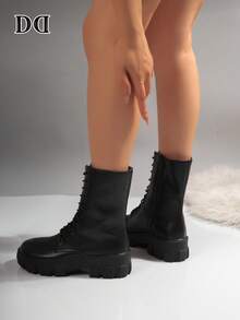 Round Toe Lace Up Mid Calf Combat Boots, Side Zipper Lug Platform Booties, Fashion Footwear For Street Daily Casual Outfits - Black - View 5