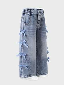 Celana Jeans Denim Lebar Model Lurus dengan Hiasan Pita 3D di Samping, Pinggang Elastis, dan Efek Sobek-sobek - Light Wash - View 3