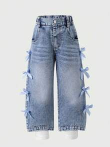 Celana Jeans Denim Lebar Model Lurus dengan Hiasan Pita 3D di Samping, Pinggang Elastis, dan Efek Sobek-sobek - Light Wash - View 1