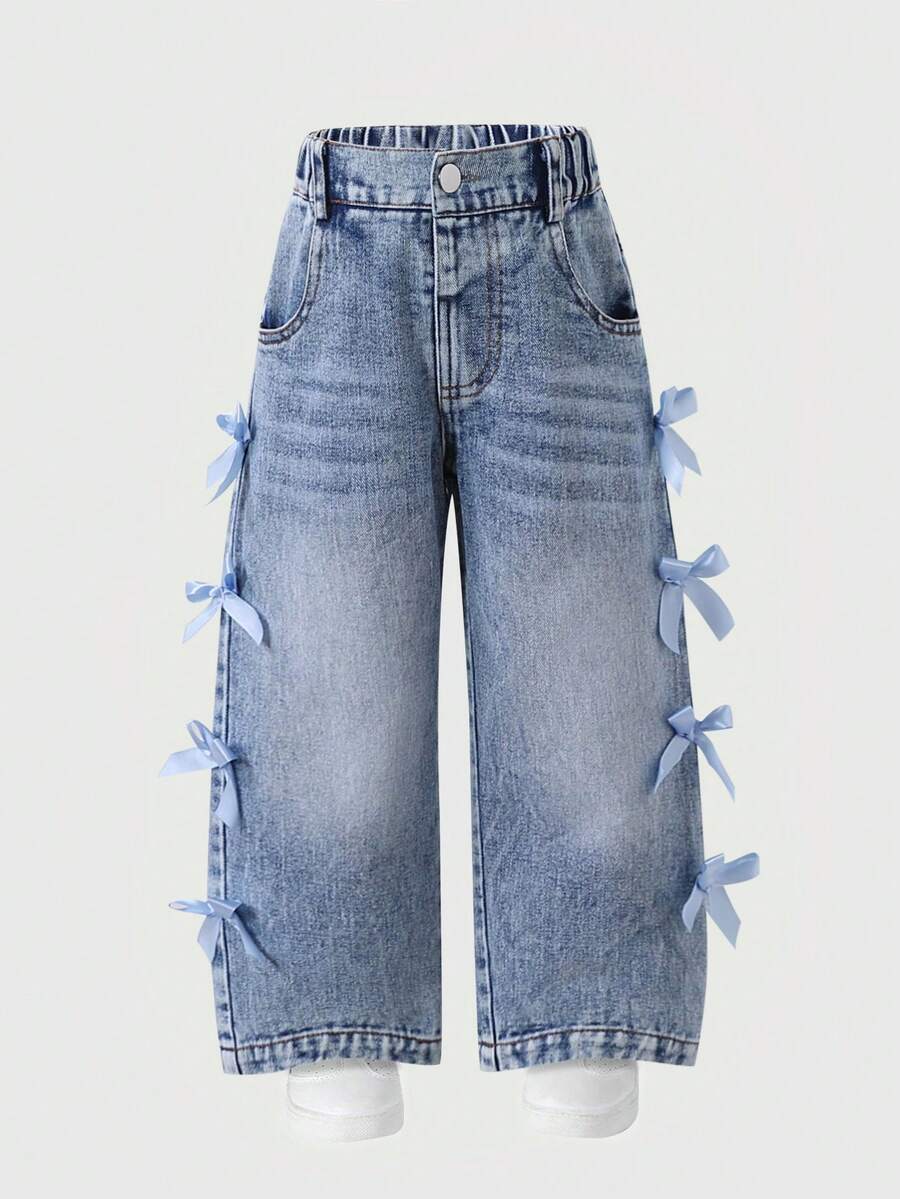 Celana Jeans Denim Lebar Model Lurus dengan Hiasan Pita 3D di Samping, Pinggang Elastis, dan Efek Sobek-sobek - Light Wash - View 1