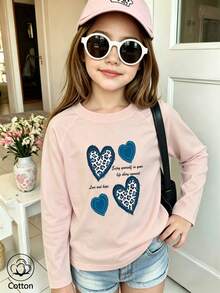 Girls' Cotton Raglan Long-Sleeve T-Shirt, Long Sleeves For Autumn & Winter, Leopard Heart Print With Lettering, Cute Sweet Girly Preppy Style - Pink - View 2