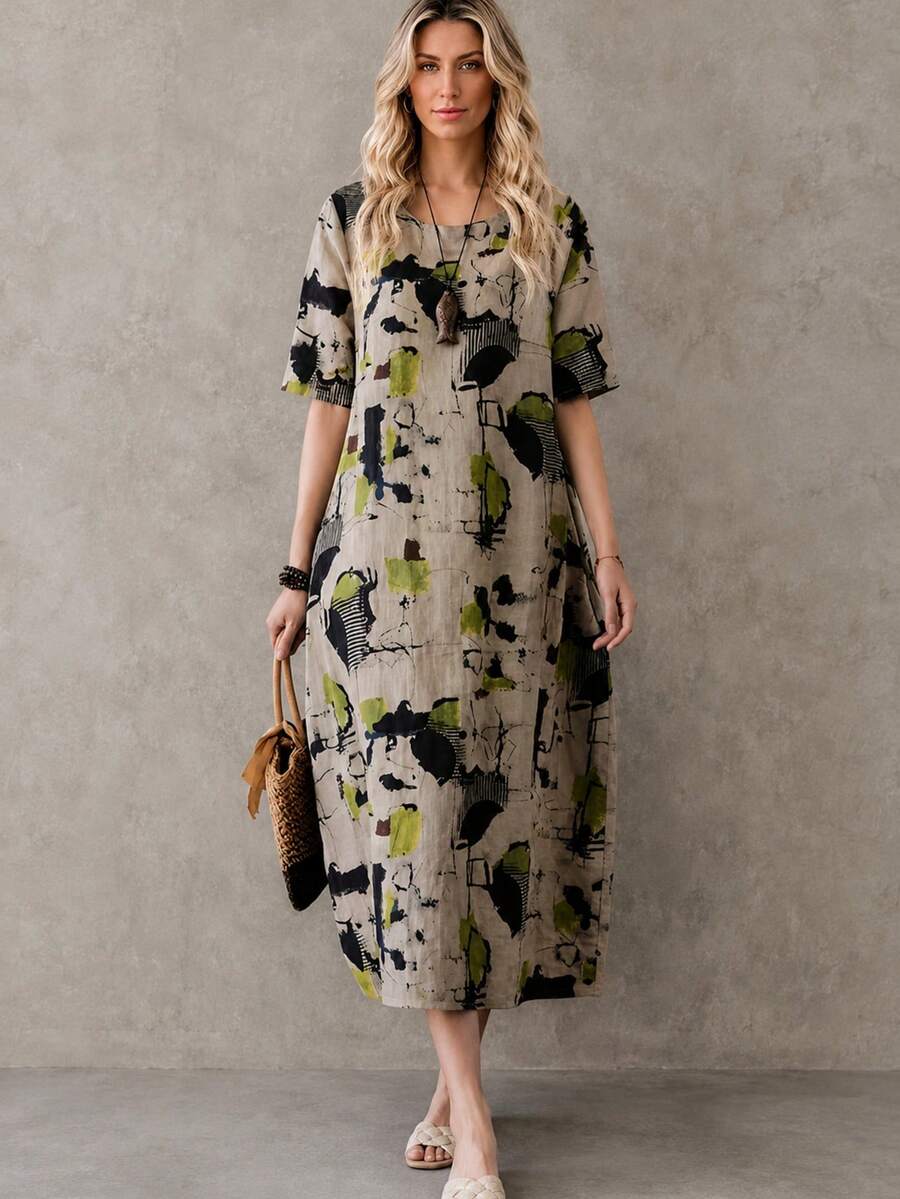 女款夏季套裝:優雅休閒時尚中長洋裝,鮮豔抽象印花-短袖、圓領、可機洗,適合春、夏、秋季場合 - 卡其色 - 查看 1