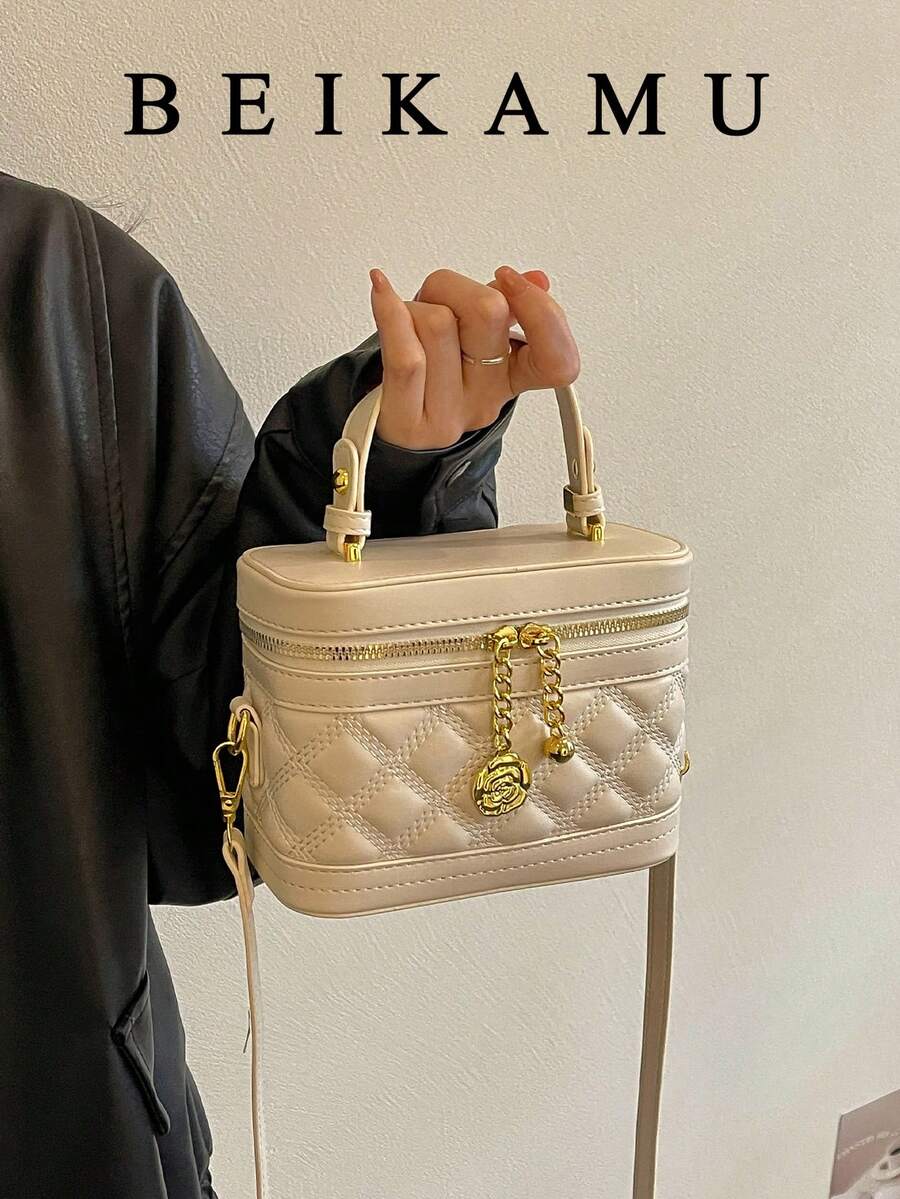 BEIKAMU 1pc Niche Design Rhombus Pattern Handbag Box Bag, New Season Lipstick Coin Purse, Elegant Chain Shoulder Crossbody Bag - White - View 1