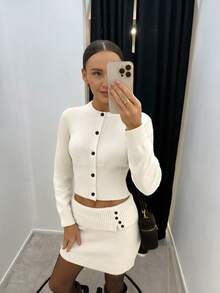 Women's 2 Pieces Knit Outfit Set, Button Front Long Sleeve Cardigan & Bodycon Mini Skirt, Soft Slim Fit Co-Ord For Petite Fall Winter - Apricot - View 4