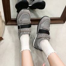 Sepatu Sneakers Wanita Retro Warna-Blok dengan Tali Perekat, Sepatu Olahraga Kasual untuk Nongkrong Sehari-hari, Tampilan Kampus, dan Jalan-jalan Akhir Pekan - Grey - View 1