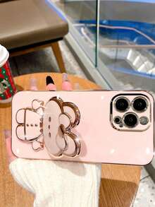 Pink/ Foldable Phone Stand With Makeup Mirror, Portable Universal Phone Holder, Cute Cartoon Design Phone Accessory, Suitable For Daily Makeup And Watching Videos - A - View 3