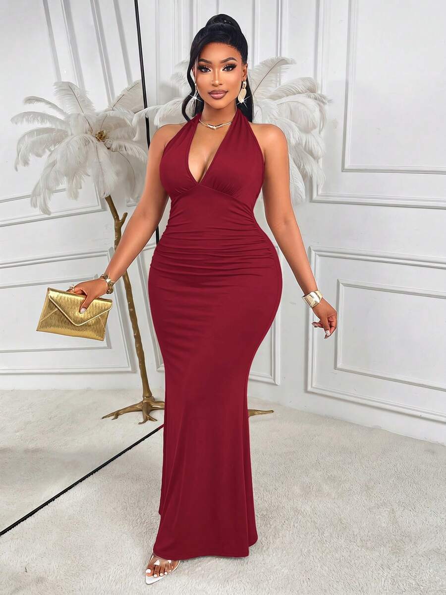 AIJ Plus Size Halter Backless Mermaid Long Dress, Luxury Ruched Deep V Neck Formal Evening Gown For Fall Wedding Guest, Party & Christmas Occasions - Burgundy - View 1