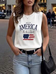 Spring/Summer New Round Neck Women's Tank Top AMERICA USA Letter Print, White Summer T-Shirt, Minimalist Fashion, Suitable For Commuting - White - View 3