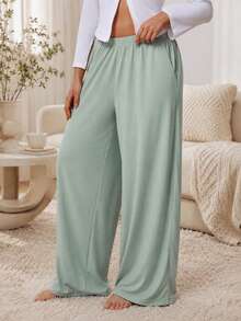 Sodalemon Women's Solid Color Casual Comfortable Wide Leg Pocket Pajama Pants, Elastic Waist Full Length Lounge Pants - Mint Green - View 7