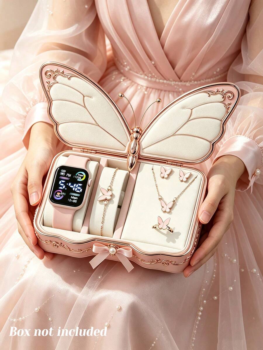 6Pcs/Set Girls Electronic Watch Jewelry Set, Minimalist Fashion Style LED Digital Display Calendar Watch With Butterfly Element Bracelet + Necklace + Ring + Earrings, Perfect For Outings/Photo Shoots/Class Reunions, Also A Unique Gift Choice For Girl (Gift Box Not Included) - Multicolor - View 1