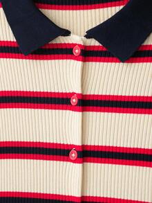 Se-Helo Women's Autumn/Winter Red, White, Navy Blue Horizontal Striped Peter Pan Collar Ruffle Short Sleeve Cropped Knit Cardigan - Multicolor - View 6