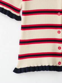 Se-Helo Women's Autumn/Winter Red, White, Navy Blue Horizontal Striped Peter Pan Collar Ruffle Short Sleeve Cropped Knit Cardigan - Multicolor - View 5