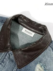 Distressed Vintage Ripped Leather Collar Denim Effect Jacket For Travel, Casual And Vacation - Royal Blue - View 3