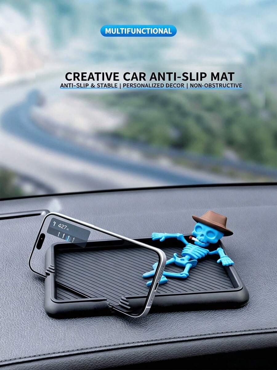1pc Halloween Skeleton Car Dashboard Anti-Slip Mat, Creative Skeleton Phone Holder Pad, PVC Anti-Slip Storage Mat, 3 Colors Available, Car Interior Decor Accessory, Suitable For Phone, Keys, Coins And Small Items