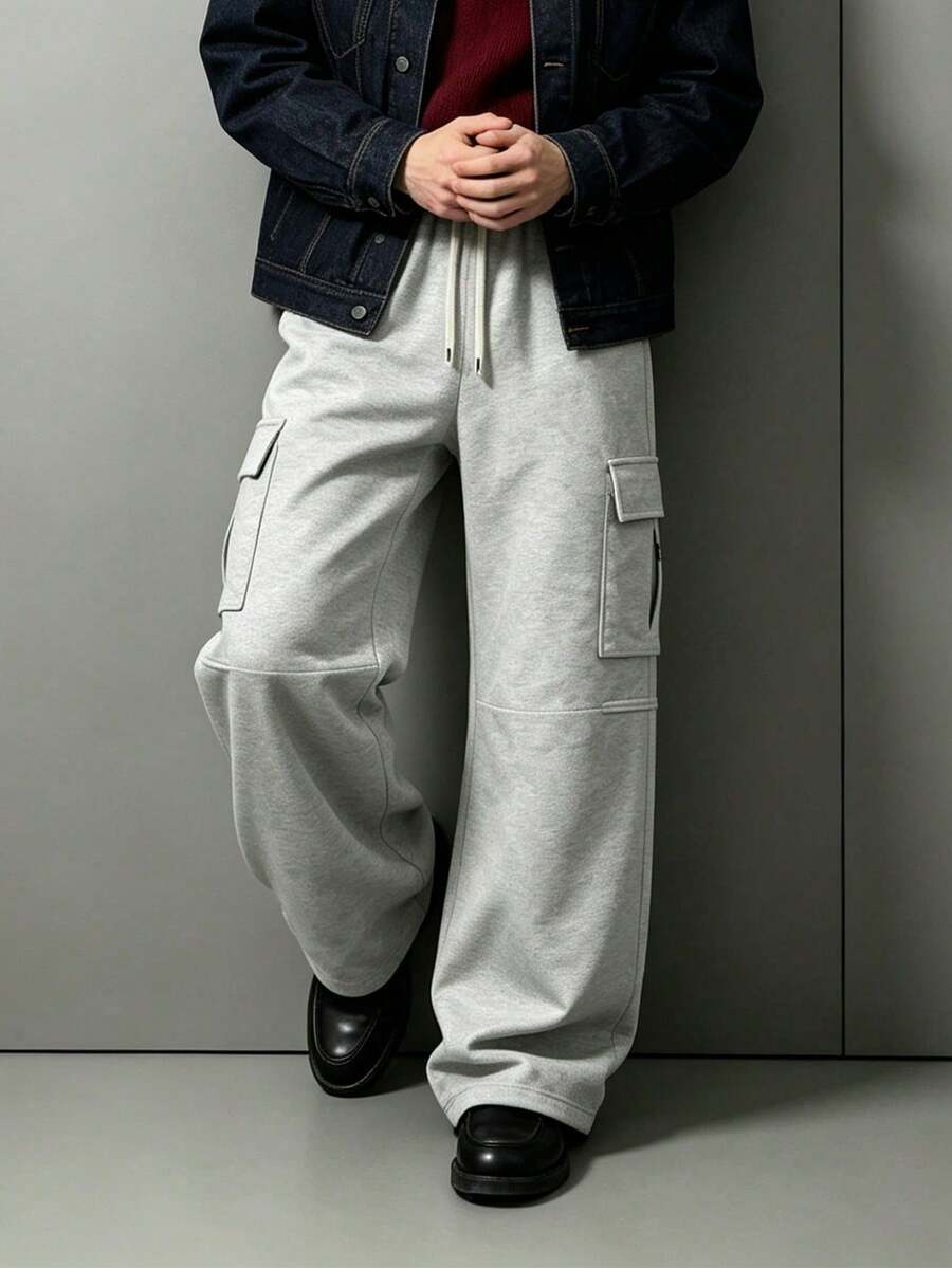 男士休閒寬鬆直筒運動長褲,春秋時尚長褲 - 灰色 - 查看 1