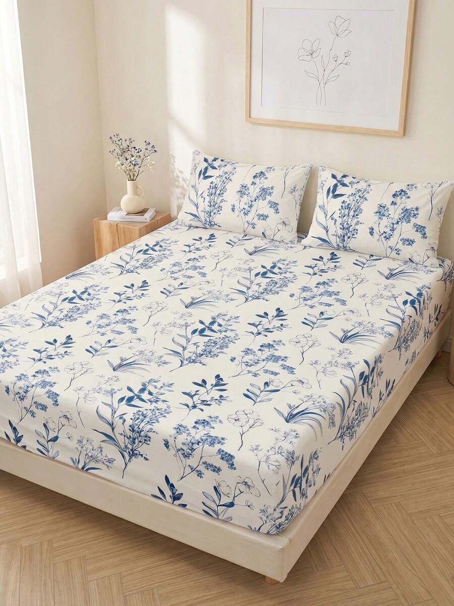 1pc Floral Print Fitted Sheet, Mattress Protector, Mattress Cover, Summer, Comfortable Breathable Wrinkle-Resistant, Machine Washable, Twin, Full, Queen, King, Dorm Bedding, All Season & Summer, Pillow And Pillowcase Not Included, Room Decor, Back To School
